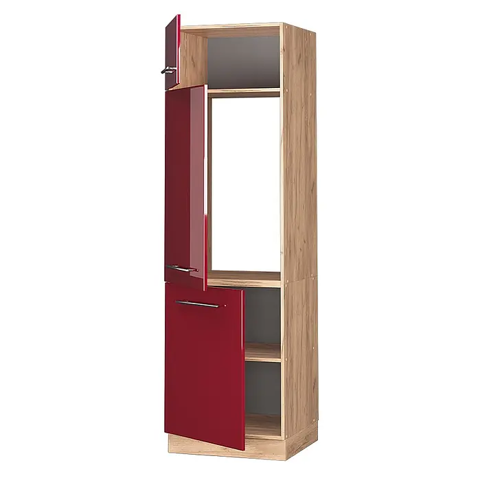 Vicco Schrankküche Fame-Line Bordeaux Hochglanz - Bordeaux Hochglanz, Kühlumbauschrank 60 cm - Schmaler Holzschrank mit heller Holzmaserung und glänzenden roten Türen, mit offenen Regalen und geschlossenen Staufächern.