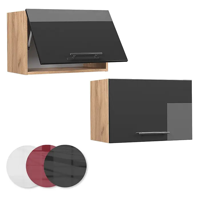 Vicco Schrankküche Fame-Line Anthrazit Hochglanz Flach - Anthrazit Hochglanz, Hängeschrank 60 cm (flach) - Wandschränke mit hellem Holzdekor-Korpus und glänzenden dunkelgrauen Fronten, einer offen, einer geschlossen. Inklusive Farbmuster in Weiß, Rot, Schwarz.