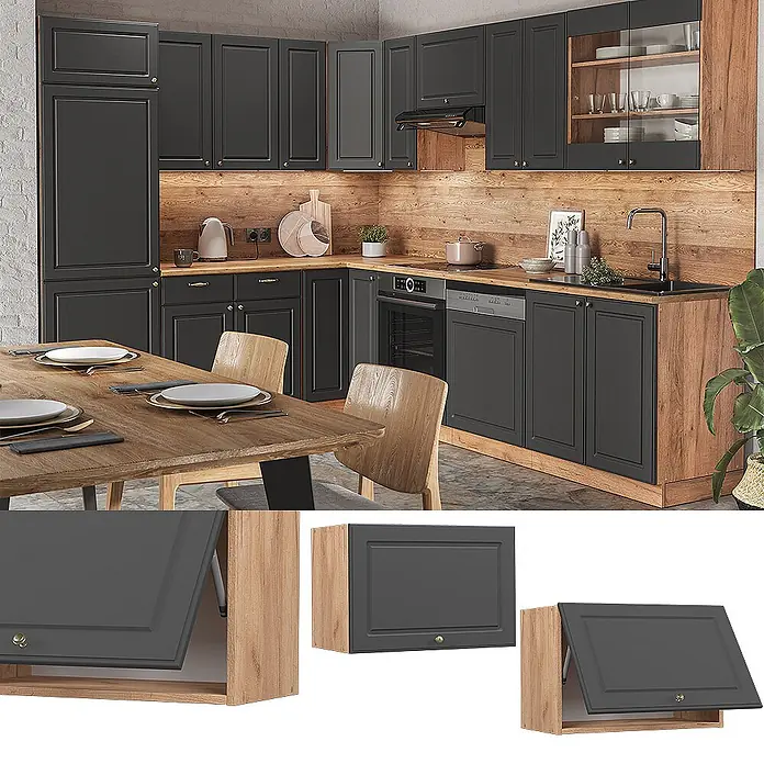 Vicco Schrankküche Fame-Line Anthrazit-Gold Flach - Anthrazit-Gold, Hängeschrank 60 cm (flach) - L-förmige Küche mit dunkelgrauen Schrankfronten und warmen Holz-Arbeitsplatten, Rückwänden und Seitenpaneelen. Mit integrierten Geräten.