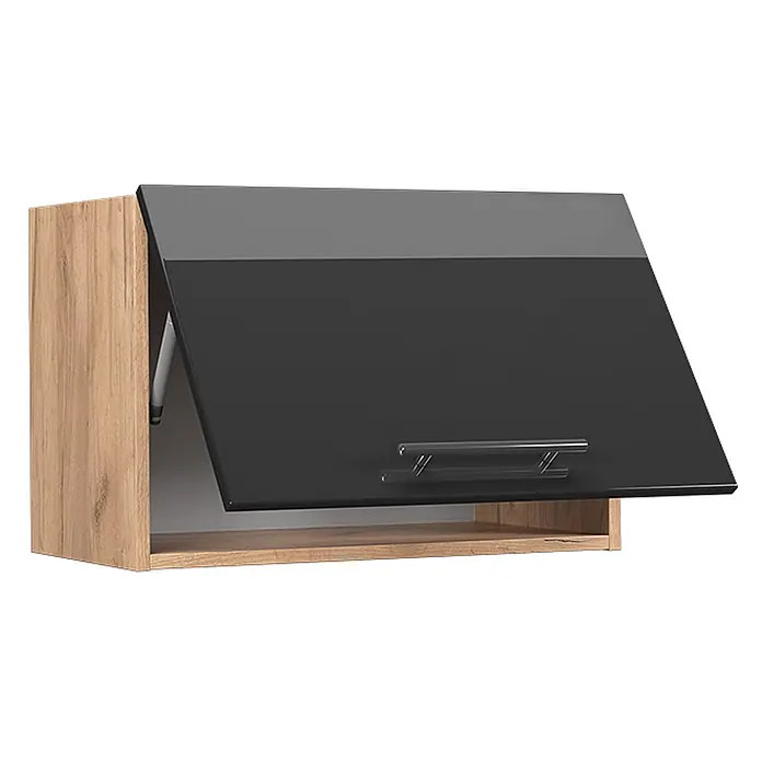 Vicco Schrankküche Fame-Line Anthrazit Hochglanz Flach - Anthrazit Hochglanz, Hängeschrank 60 cm (flach) - Hängeschrank mit hellem Holzdekor und offener schwarzer Hochglanztür mit silbernem Griff und Hubmechanismus.