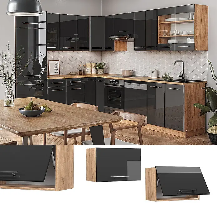 Vicco Schrankküche Fame-Line Anthrazit Hochglanz Flach - Anthrazit Hochglanz, Hängeschrank 60 cm (flach) - L-förmige Küche mit hochglanz anthrazitfarbenen Schränken und Holztheken, modern eingerichtet.