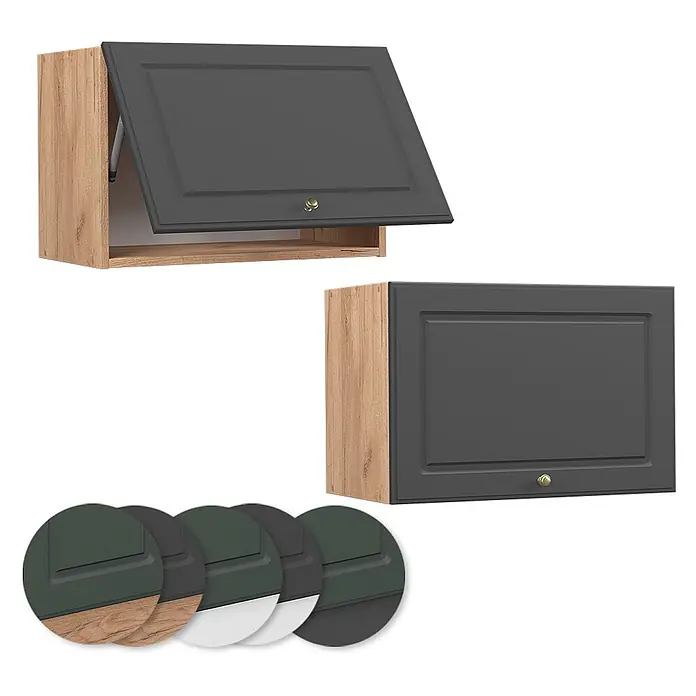 Vicco Schrankküche Fame-Line Anthrazit-Gold Flach - Anthrazit-Gold, Hängeschrank 60 cm (flach) - Wandschrank mit grauer Tür und Holzoptik-Seiten, offen und geschlossen dargestellt.