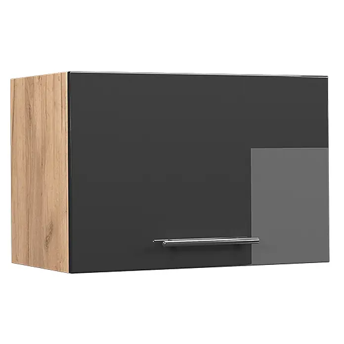 Vicco Schrankküche Fame-Line Anthrazit Hochglanz Flach - Anthrazit Hochglanz, Hängeschrank 60 cm (flach) - Zweifarbiger Wandschrank mit heller Holzseite und dunkelgrauer Front mit hellem Akzentpaneel und silbernem Griff.