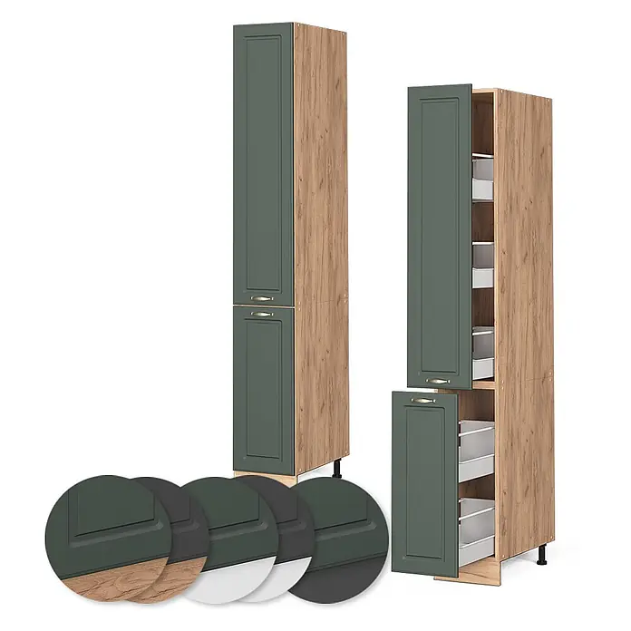 Vicco Schrankküche Fame-Line Grün-Gold Landhaus - Grün-Gold Landhaus, Apothekerhochschrank 30 cm - Hoher Küchenschrank mit dunkelgrünen Türen und Holzmaserung, geschlossen und offen mit weißen Auszugskörben gezeigt.