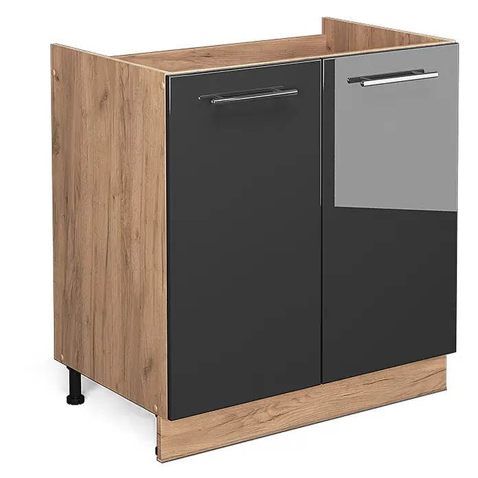 Vicco Schrankküche Fame-Line Anthrazit Hochglanz ohne Arbeitsplatte - Anthrazit Hochglanz, Spülenunterschrank 80 cm - Küchenunterschrank mit Eicheneffekt-Seiten, dunkelgrauen Türen (eine glänzend) und silbernen Griffen.