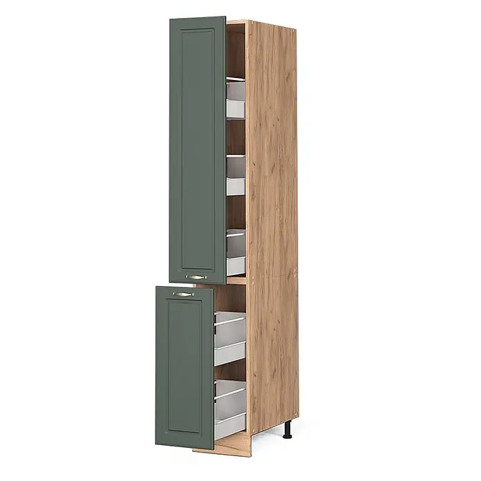 Vicco Schrankküche Fame-Line Grün-Gold Landhaus - Grün-Gold Landhaus, Apothekerhochschrank 30 cm - Hoher Küchenvorratsschrank mit Holzdekorrahmen und zwei dunkelgrünen Kassettentüren, der mehrere Auszugsschubladen zeigt.
