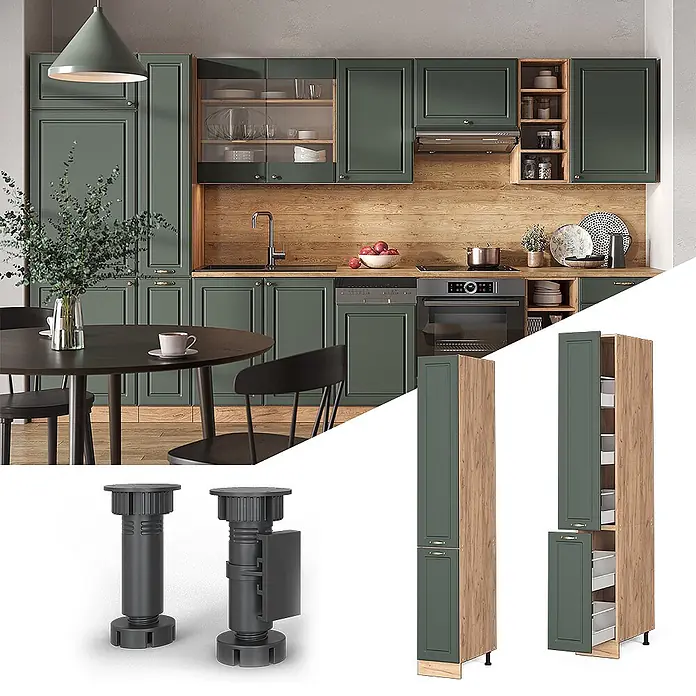 Vicco Schrankküche Fame-Line Grün-Gold Landhaus - Grün-Gold Landhaus, Apothekerhochschrank 30 cm - Grüne Küchenschränke mit Holz-Arbeitsplatte, ergänzt durch hohe Vorratsschränke und separate verstellbare Füße.
