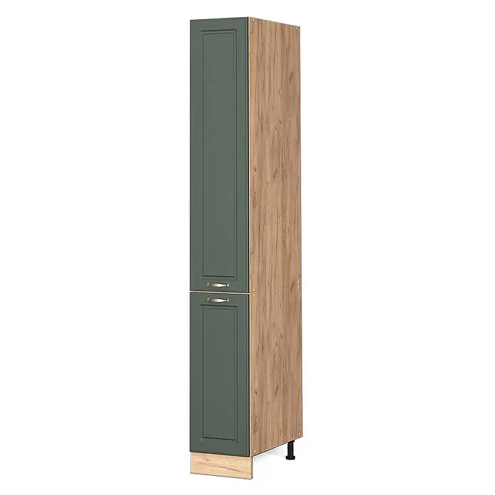 Vicco Schrankküche Fame-Line Grün-Gold Landhaus - Grün-Gold Landhaus, Apothekerhochschrank 30 cm - Hoher Küchenschrank mit dunkelgrünen Kassettenfronten und Messinggriffen, Seite in Holzoptik. Höhenverstellbare Füße.