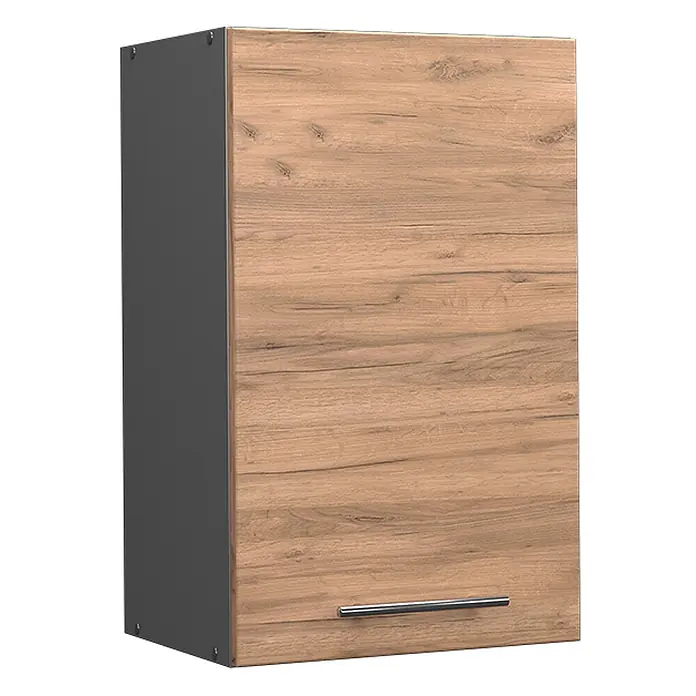 Vicco Schrankküche Fame-Line Goldkraft Eiche - Goldkraft Eiche, Hängeschrank 45 cm - Wandschrank in Eichenoptik mit dunkelgrauer Seitenwand und silbernem Griff.