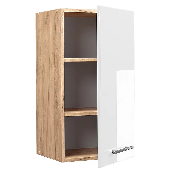 Vicco Schrankküche Fame-Line Weiß Hochglanz - Weiß Hochglanz, Hängeschrank 40 cm - Wandschrank mit Holzoptik-Korpus und teilweise offener weißer Hochglanztür, die Regalböden zeigt.