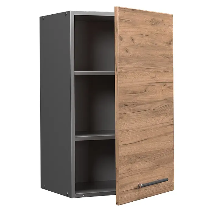 Vicco Schrankküche Fame-Line Goldkraft Eiche - Goldkraft Eiche, Hängeschrank 45 cm - Dunkelgrauer Hängeschrank mit heller Holzoptik-Tür und Innenregalen.