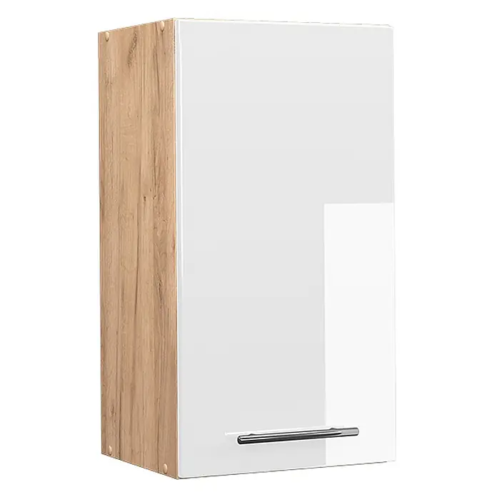 Vicco Schrankküche Fame-Line Weiß Hochglanz - Weiß Hochglanz, Hängeschrank 40 cm - Hängeschrank mit hochglänzender weißer Tür und heller Holzoptik-Seitenwand, mit Chromgriff.