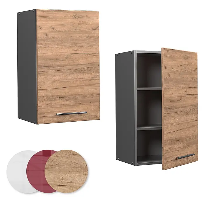 Vicco Schrankküche Fame-Line Goldkraft Eiche - Goldkraft Eiche, Hängeschrank 45 cm - Hängeschrank mit grauem Korpus und Holztür, geschlossen und offen mit Einlegeböden gezeigt. Verschiedene Türausführungen erhältlich.