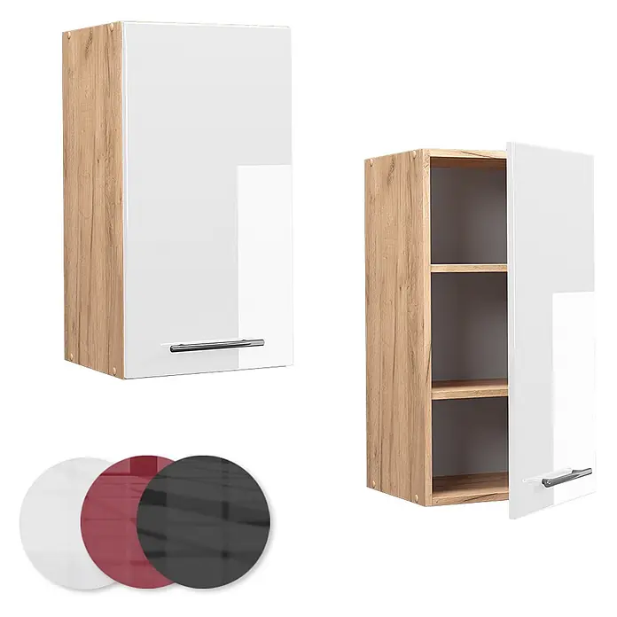 Vicco Schrankküche Fame-Line Weiß Hochglanz - Weiß Hochglanz, Hängeschrank 40 cm - Wandschrank mit heller Holzmaserung, weißer Hochglanztür und Griff, offen und geschlossen gezeigt. Farboptionen enthalten.