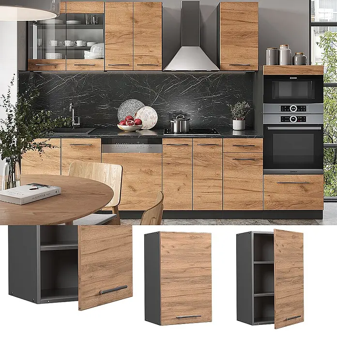 Vicco Schrankküche Fame-Line Goldkraft Eiche - Goldkraft Eiche, Hängeschrank 45 cm - Moderne Küchenschränke mit Holzoptik-Fronten und dunkelgrauen Innenseiten, in einer modernen Küche gezeigt.