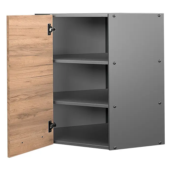 Vicco Schrankküche Fame-Line Goldkraft Eiche - Goldkraft Eiche, Eckhängeschrank 57 cm - Grauer Hängeschrank mit offener heller Holztür, die graue Einlegeböden zeigt. Sichtbare Metallbefestigungen an der Seite.
