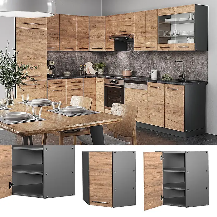 Vicco Schrankküche Fame-Line Goldkraft Eiche - Goldkraft Eiche, Eckhängeschrank 57 cm - Moderne Küchenzeile mit hellen Holzoptikfronten und dunkelgrauen Elementen, inklusive Unter- und Oberschränken, Backofen und Spülbereich.