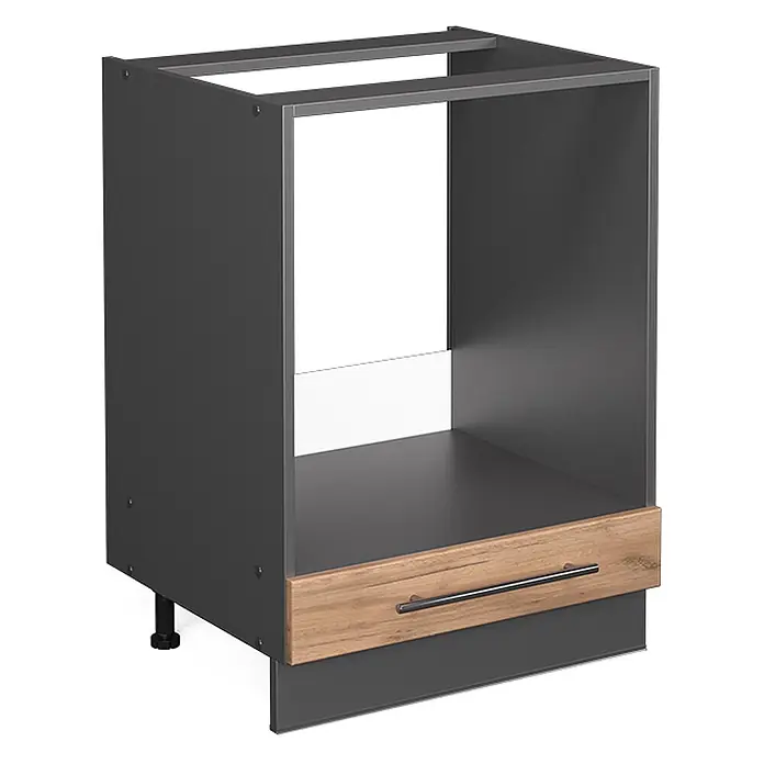 Vicco Schrankküche Fame-Line Goldkraft Eiche ohne Arbeitsplatte - Goldkraft Eiche, Herdumbauschrank 60 cm - Dunkelgrauer Küchenunterschrank mit offener Oberseite, Schublade in Holzoptik, Griff, verstellbaren Füßen und Sockel.