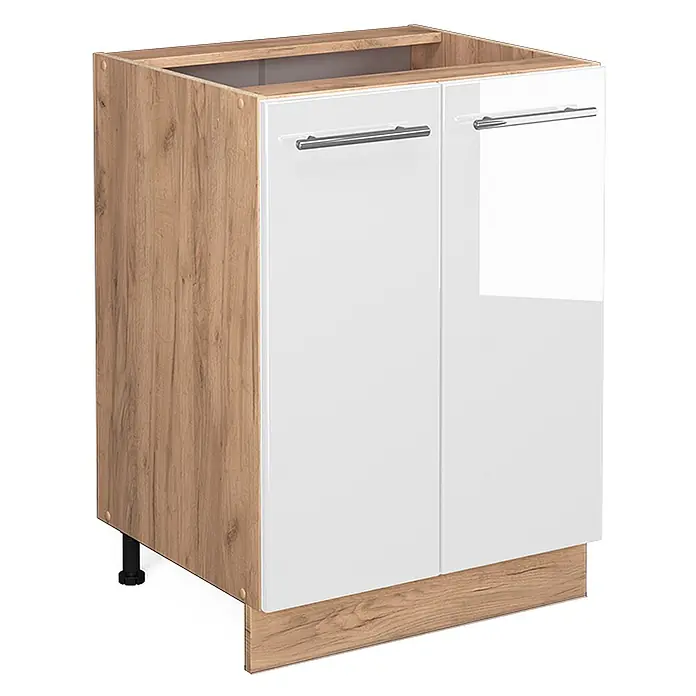 Vicco Schrankküche Fame-Line Weiß Hochglanz ohne Arbeitsplatte - Weiß Hochglanz, Unterschrank 60 cm - Unterschrank aus hellem Holz mit weißen Hochglanztüren und silbernen Griffen.
