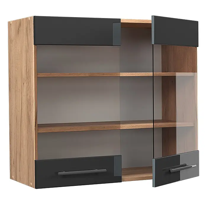 Vicco Schrankküche Fame-Line Anthrazit Hochglanz - Anthrazit Hochglanz, Hängeglasschrank 80 cm - Hängeschrank aus Holz mit dunkelgrauen und Glastüren, teilweise offen mit Holzregalen.