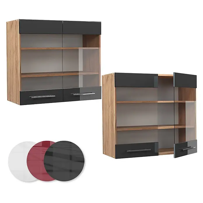 Vicco Schrankküche Fame-Line Anthrazit Hochglanz - Anthrazit Hochglanz, Hängeglasschrank 80 cm - Hängeschrank: Holz, dunkelgrau, Glastüren, Schubladen. Inkl. weißer, roter, schwarzer Farbmuster.