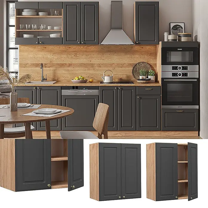 Vicco Schrankküche Fame-Line Anthrazit-Gold - Anthrazit-Gold Landhaus, Hängeschrank 60 cm - Moderne dunkelgraue Küchenschrank-Garnitur mit Holzakzenten, inklusive Ober- und Unterschränken.