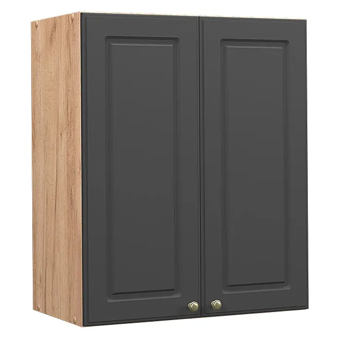 Vicco Schrankküche Fame-Line Anthrazit-Gold - Anthrazit-Gold Landhaus, Hängeschrank 60 cm - Zweitüriger Hängeschrank mit dunkelgrauen Paneeltüren und hellen Holzmaserungsseiten, mit Messingknöpfen.