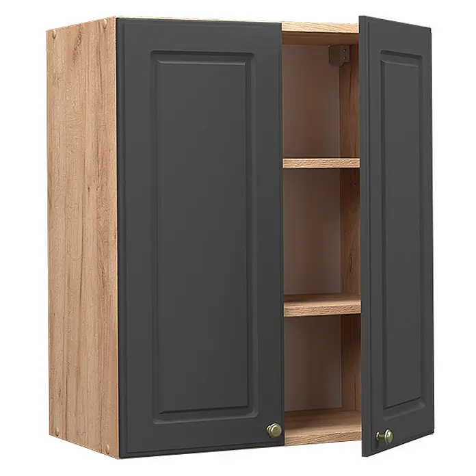Vicco Schrankküche Fame-Line Anthrazit-Gold - Anthrazit-Gold Landhaus, Hängeschrank 60 cm - Zweifarbiger Hängeschrank mit dunkelgrauen Kassettentüren, Holzoptik-Seiten, Messinggriffen und Einlegeböden.