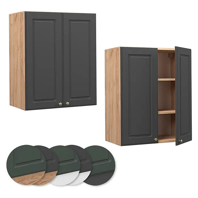 Vicco Schrankküche Fame-Line Anthrazit-Gold - Anthrazit-Gold Landhaus, Hängeschrank 60 cm - Dunkelgrauer Wandschrank mit Kassettentüren und hellen Holzmaserungsseiten, geschlossen und offen mit Einlegeböden dargestellt.