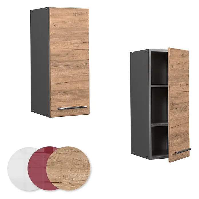 Vicco Schrankküche Fame-Line Goldkraft Eiche - Goldkraft Eiche, Hängeschrank 30 cm - Küchenhängeschrank, Holzoptik-Tür, dunkelgrauer Korpus, offen & geschlossen gezeigt. Farbmuster inklusive.