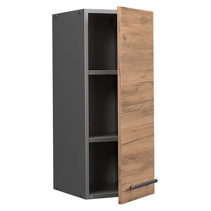 Vicco Schrankküche Fame-Line Goldkraft Eiche - Goldkraft Eiche, Hängeschrank 30 cm - Dunkelgrauer Hängeschrank mit leicht geöffneter Tür in heller Holzoptik, die zwei Regalböden zeigt. Die Tür hat einen dunklen Griff.