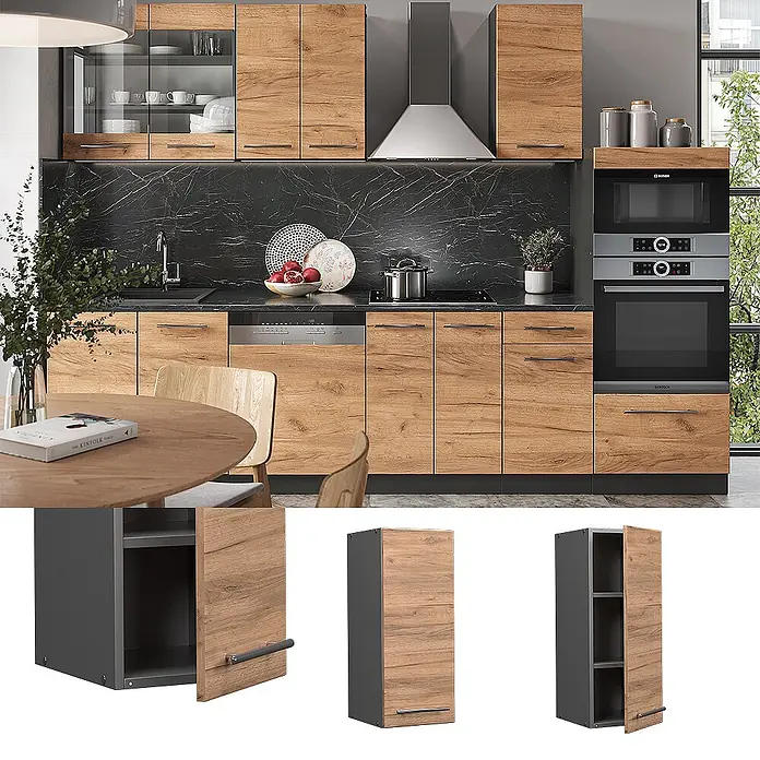 Vicco Schrankküche Fame-Line Goldkraft Eiche - Goldkraft Eiche, Hängeschrank 30 cm - Moderne Küche mit Holzoptik-Schränken und dunkelgrauen Innenausstattung, schwarzer Arbeitsplatte und integrierten Geräten.
