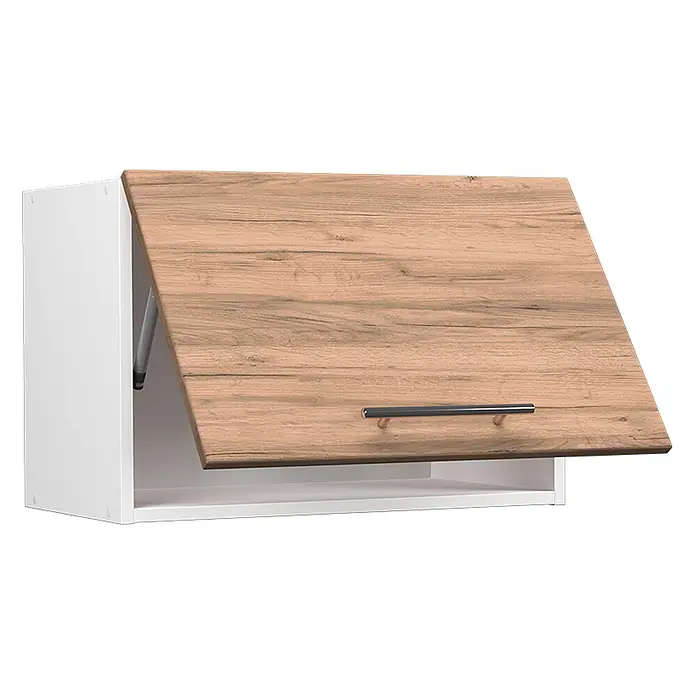 Vicco Schrankküche Fame-Line Goldkraft Eiche Flach - Goldkraft Eiche, Hängeschrank 60 cm (flach) - Weißer Wandschrank mit offener heller Holzmaserungstür, silbernem Griff und Hubmechanismus.