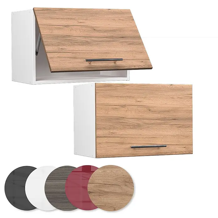 Vicco Schrankküche Fame-Line Goldkraft Eiche Flach - Goldkraft Eiche, Hängeschrank 60 cm (flach) - Zwei Hängeschränke mit weißem Korpus und naturfarbenen Holzdekor-Klapptüren, offen und geschlossen gezeigt. Muster verschiedener Türfronten sind ebenfalls abgebildet.