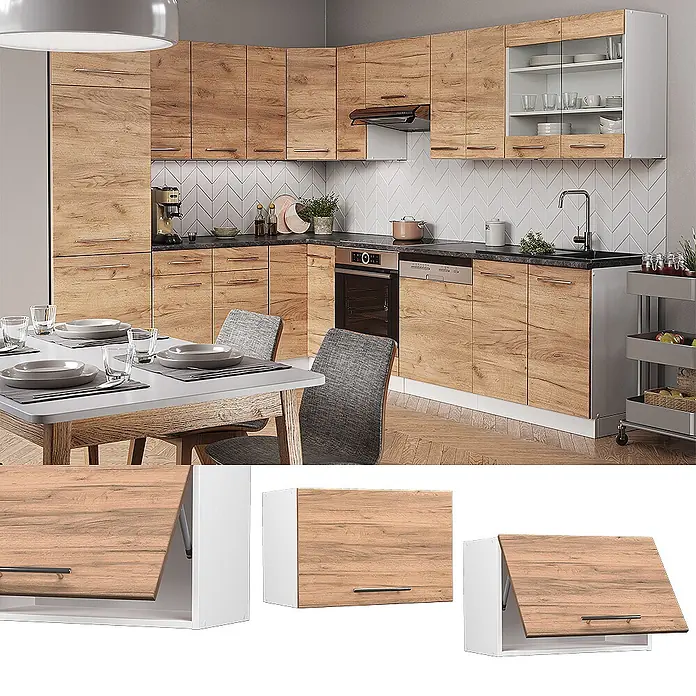 Vicco Schrankküche Fame-Line Goldkraft Eiche Flach - Goldkraft Eiche, Hängeschrank 60 cm (flach) - Moderne Küche mit Holzdekor-Schränken, dunklen Arbeitsplatten und integrierten Geräten, inkl. Glasvitrinen und Klappentüren.