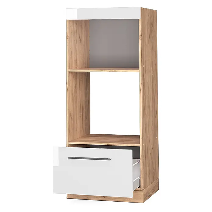 Vicco Schrankküche Fame-Line Weiß Hochglanz offen - Weiß Hochglanz, Mikrowellenumbauschrank 60 cm - Hohes Regal mit Holzdekor, weißer Oberplatte und einer weißen Schublade. Die Schublade ist leicht geöffnet.