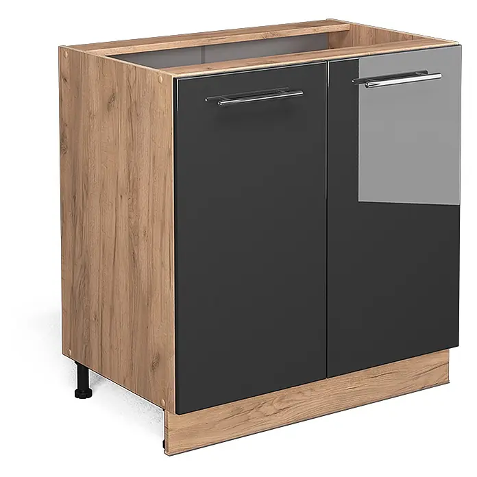 Vicco Schrankküche Fame-Line Anthrazit Hochglanz mit Regal, ohne Arbeitsplatte - Anthrazit Hochglanz, Unterschrank 80 cm - Unterschrank in Eichenoptik mit zwei dunkelgrauen Hochglanztüren, Chromgriffen und einem Holzsockel.