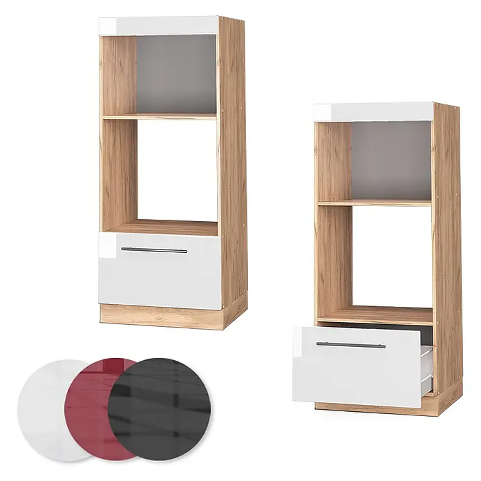 Vicco Schrankküche Fame-Line Weiß Hochglanz offen - Weiß Hochglanz, Mikrowellenumbauschrank 60 cm - Regaleinheit in Holzoptik mit weiß glänzender Oberseite und Schublade, mit zwei offenen Fächern. Rote und schwarze Glanzfrontoptionen gezeigt.