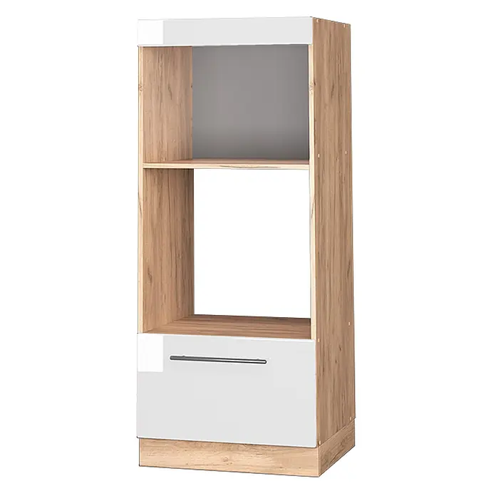 Vicco Schrankküche Fame-Line Weiß Hochglanz offen - Weiß Hochglanz, Mikrowellenumbauschrank 60 cm - Hoher Schrank in Holzoptik und Weiß mit zwei offenen Fächern und einer unteren Schublade.