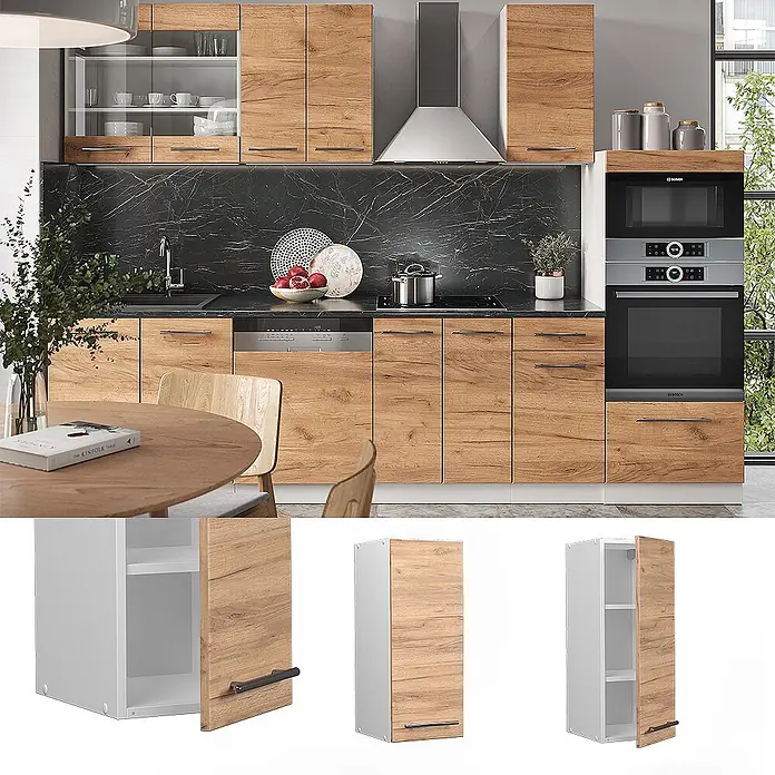 Vicco Schrankküche Fame-Line Goldkraft Eiche - Goldkraft Eiche, Hängeschrank 30 cm - Hellbraune Holzoptik-Küchenschränke in modernem Küchenambiente, mit Nahaufnahmen einzelner modularer Einheiten.