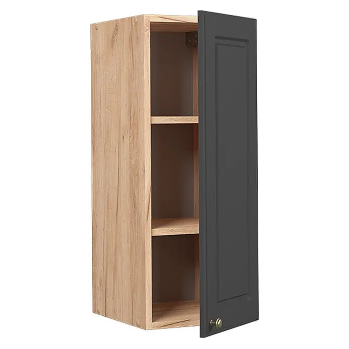 Vicco Schrankküche Fame-Line Anthrazit-Gold - Anthrazit-Gold, Hängeschrank 30 cm - Hölzerner Wandschrank mit dunkelgrauer Tür und Messingknauf. Die Tür ist leicht geöffnet und zeigt zwei Holzregale.