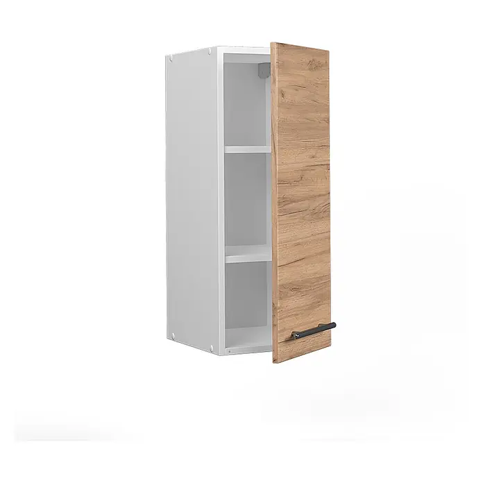 Vicco Schrankküche Fame-Line Goldkraft Eiche - Goldkraft Eiche, Hängeschrank 30 cm - Weißer Hängeschrank mit heller Holzoptik-Tür, leicht geöffnet, zeigt Innenregale und einen dunklen Griff.