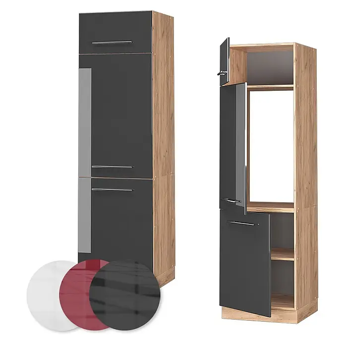 Vicco Schrankküche Fame-Line Anthrazit Hochglanz - Anthrazit Hochglanz, Kühlumbauschrank 60 cm - Hoher Schrank mit dunkelgrauen Hochglanztüren und heller Holzoptik, geschlossen und offen mit Regalen gezeigt. Farbmuster für weiße, rote, dunkelgraue Fronten.