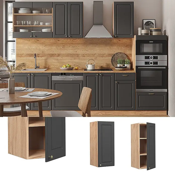 Vicco Schrankküche Fame-Line Anthrazit-Gold - Anthrazit-Gold, Hängeschrank 30 cm - Dunkelgraue Küchenschränke mit Holzinterieur, in einer modernen Küche integriert.