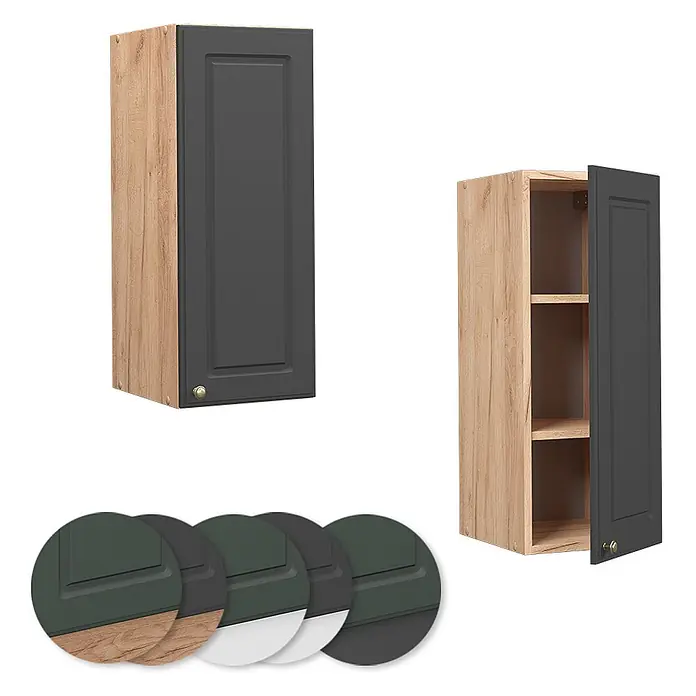 Vicco Schrankküche Fame-Line Anthrazit-Gold - Anthrazit-Gold, Hängeschrank 30 cm - Dunkelgrauer Küchenwandschrank mit Holzoptik-Korpus, geschlossen und offen mit Regalen gezeigt.