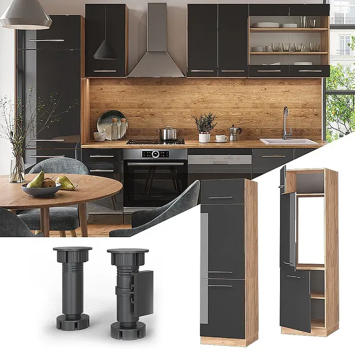 Vicco Schrankküche Fame-Line Anthrazit Hochglanz - Anthrazit Hochglanz, Kühlumbauschrank 60 cm - Moderne dunkelgraue Küche mit Holzakzenten, glänzenden Schränken, integrierten Geräten, verstellbaren Füßen und hohem Vorratsschrank.