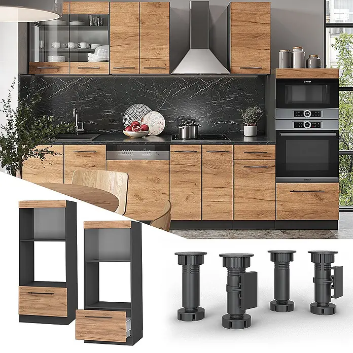 Vicco Schrankküche Fame-Line Goldkraft Eiche offen - Goldkraft Eiche, Mikrowellenumbauschrank 60 cm (offen) - Moderne Küche mit Eichenholz-Optik Schränken, schwarzer Arbeitsplatte, Einbaugeräten, modularen Regalen und verstellbaren Füßen.