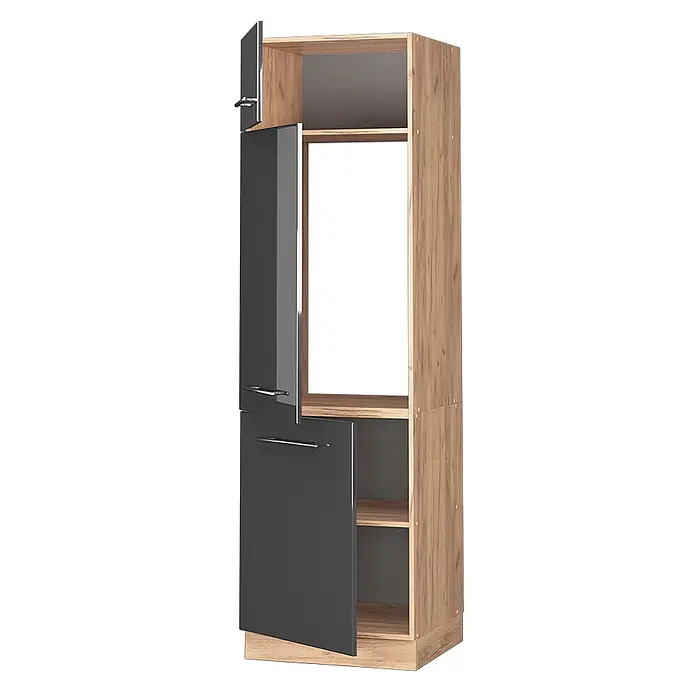 Vicco Schrankküche Fame-Line Anthrazit Hochglanz - Anthrazit Hochglanz, Kühlumbauschrank 60 cm - Hoher, schmaler Schrank mit hellem Holzdekor und dunkelgrauen Hochglanztüren, inklusive Ablageflächen und geschlossenem Stauraum.