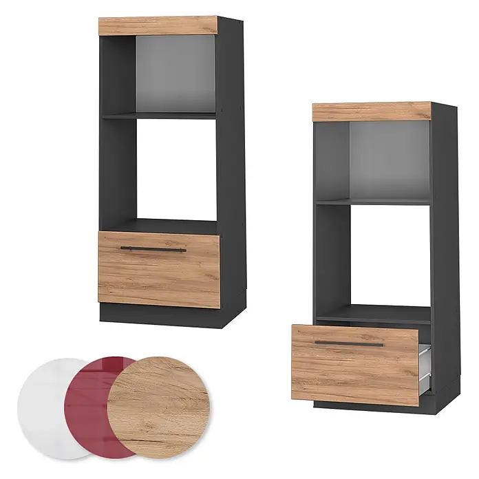 Vicco Schrankküche Fame-Line Goldkraft Eiche offen - Goldkraft Eiche, Mikrowellenumbauschrank 60 cm (offen) - Hoher, dunkelgrauer Schrank mit heller Holzoptik-Oberseite und Schublade; eine Schublade ist geöffnet. Weiße, rote und Holzoptik-Farbmuster.