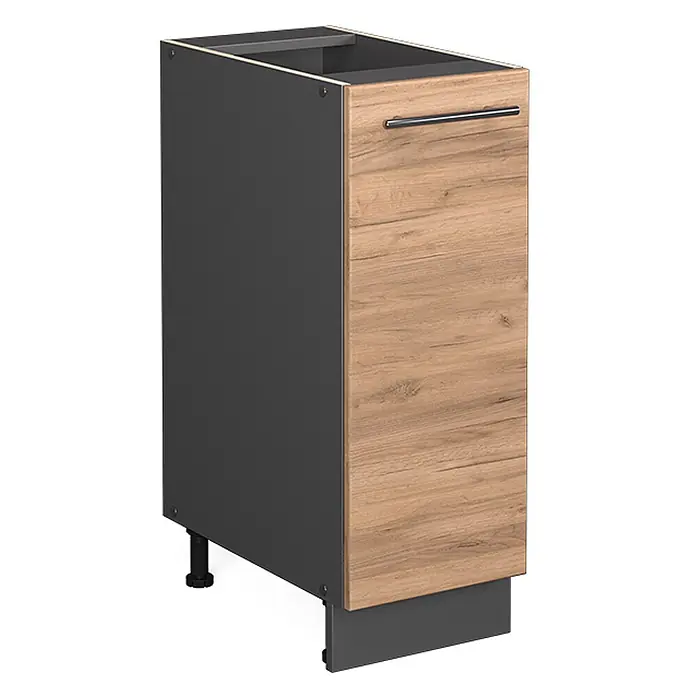 Vicco Schrankküche Fame-Line Goldkraft Eiche ohne Arbeitsplatte - Goldkraft Eiche, Apothekerunterschrank 30 cm - Dunkelgrauer Küchenunterschrank mit heller Eichenoptik-Schubladenfront und Metallgriff.
